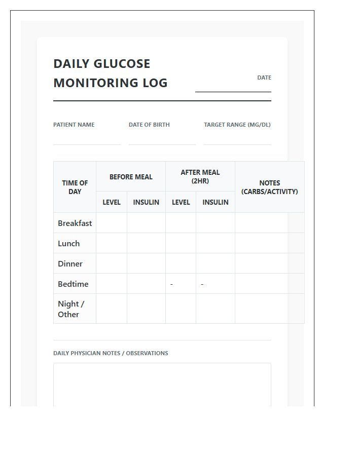 Printable Daily Glucose Level Chart For Medical Records