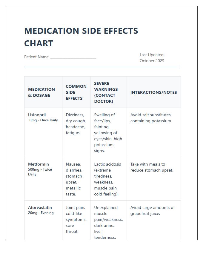 Comprehensive Printable Medication Side Effects Warning Chart