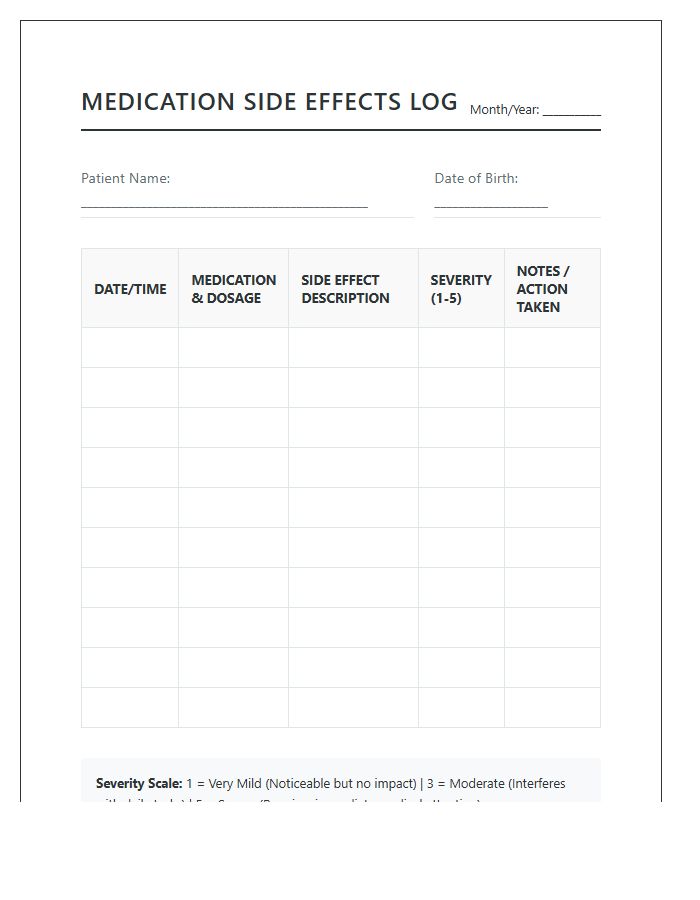Patient Medication Side Effects Record Printable Chart