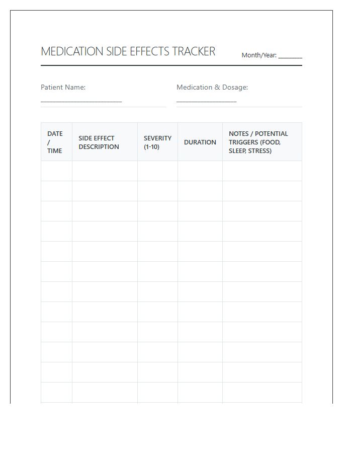 Printable Medication Side Effects Tracking Chart