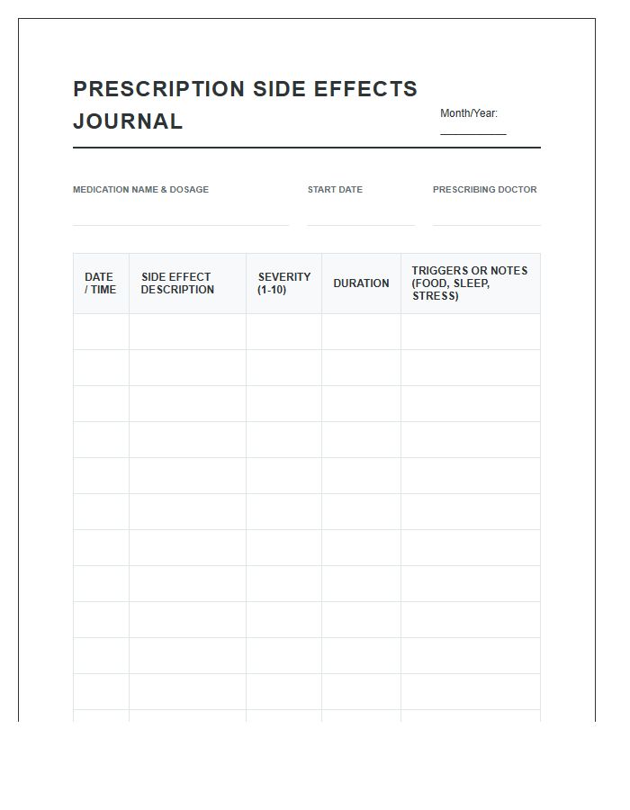 Printable New Prescription Side Effects Journal Chart