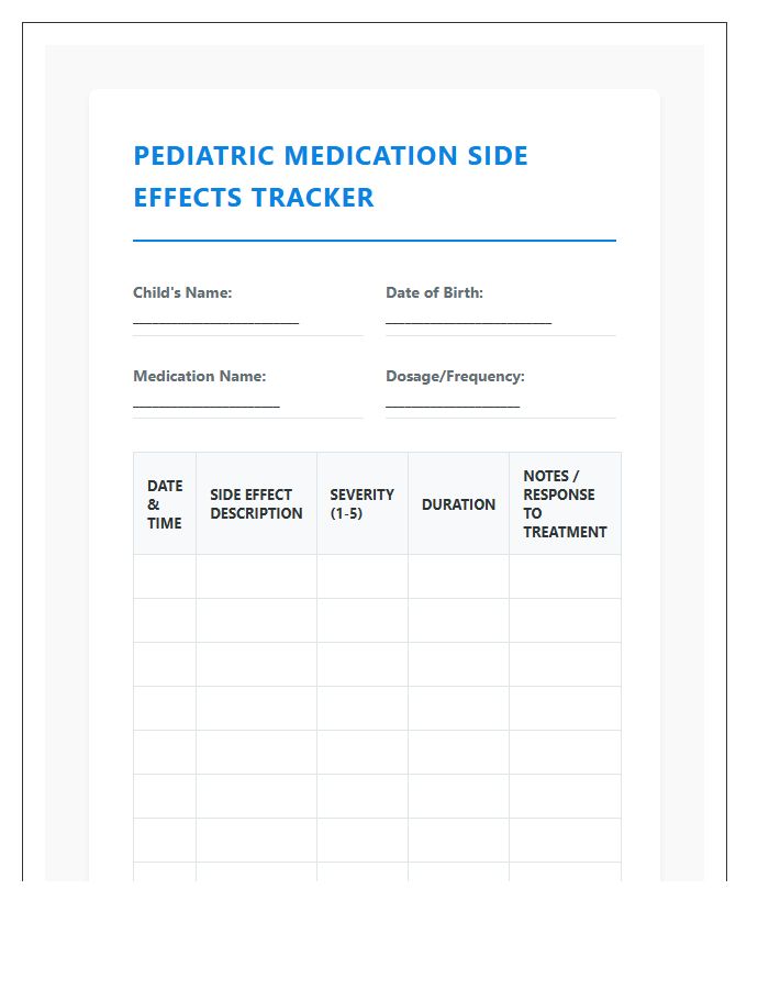 Printable Pediatric Medication Side Effects Tracking Chart