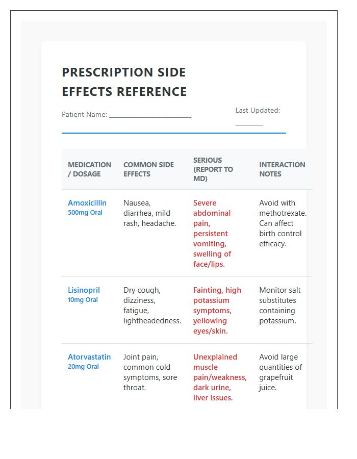 Printable Prescription Drug Side Effects Reference Chart