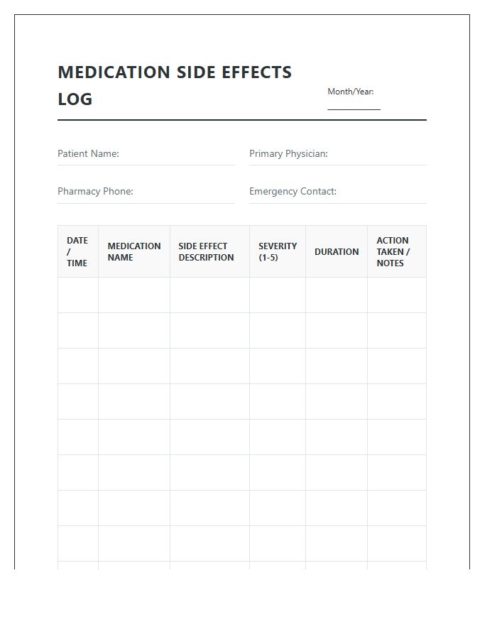 Printable Senior Medication Side Effects Log Chart