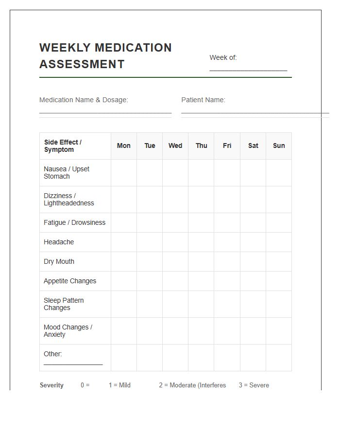 Weekly Printable Medication Side Effects Assessment Chart