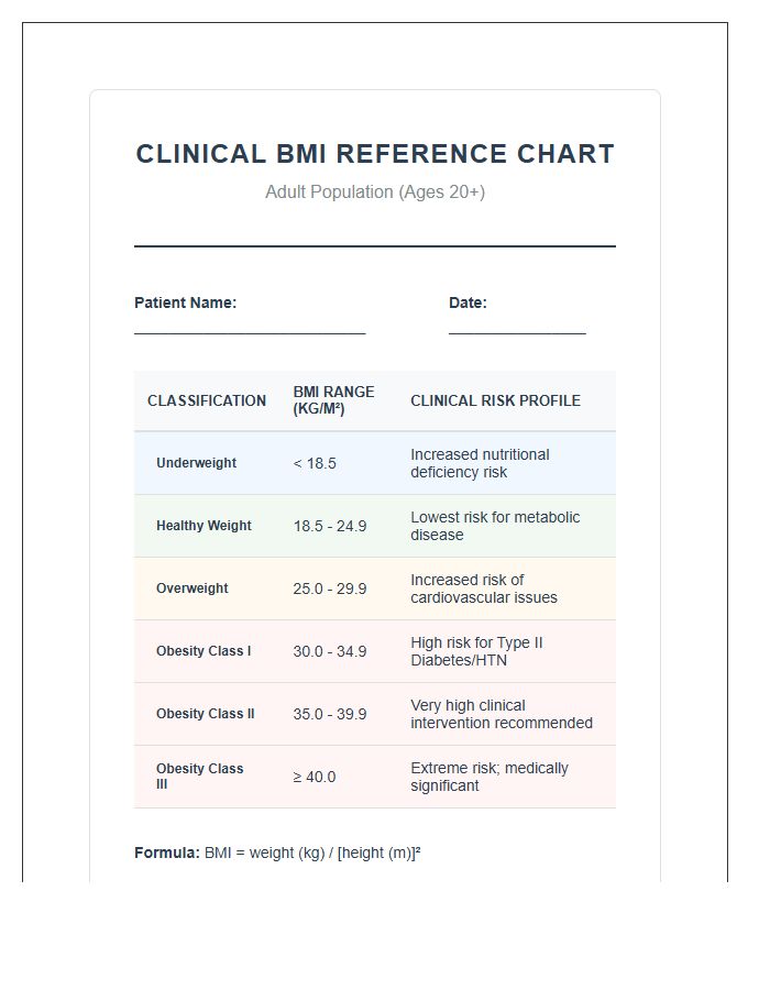 Clinical Body Mass Index Reference Chart Printable