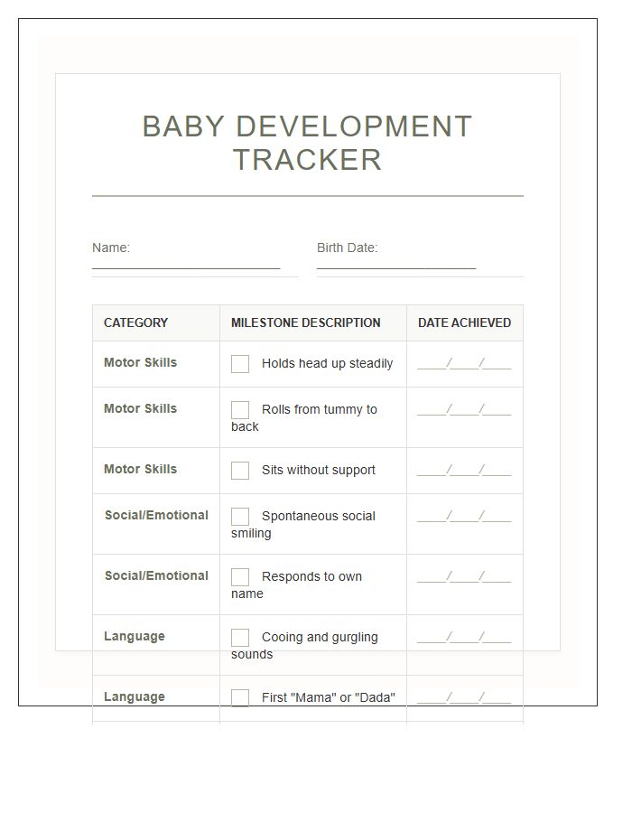 Baby Developmental Progress Printable Chart