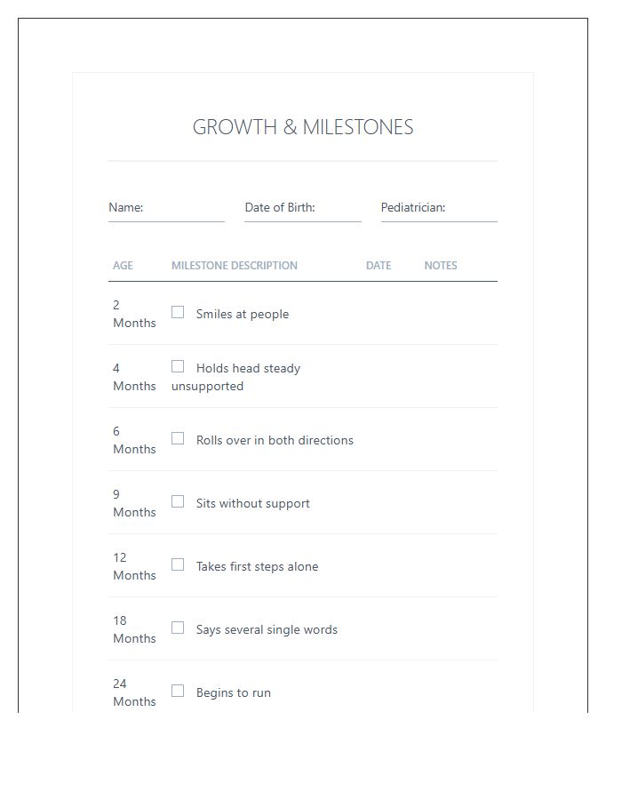 Childhood Growth Milestone Printable Chart