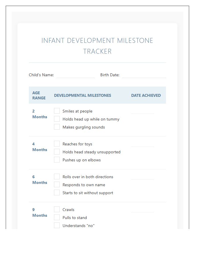 Infant Development Milestone Printable Chart