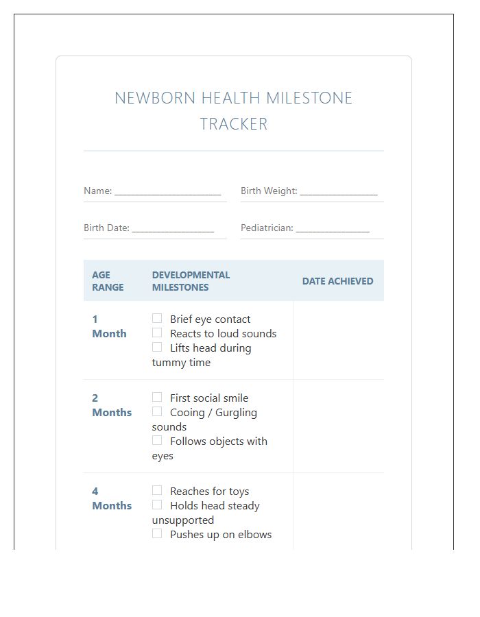 Newborn Health Milestone Printable Chart