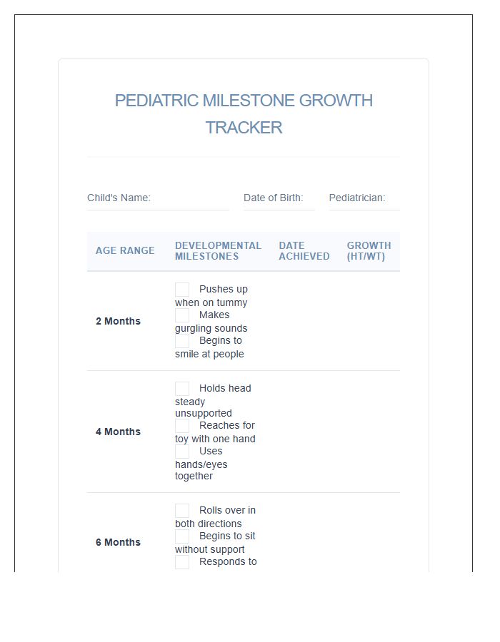 Pediatric Milestone Growth Tracker Printable Chart