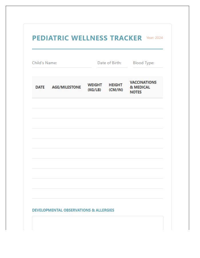 Pediatric Wellness Tracking Printable Chart