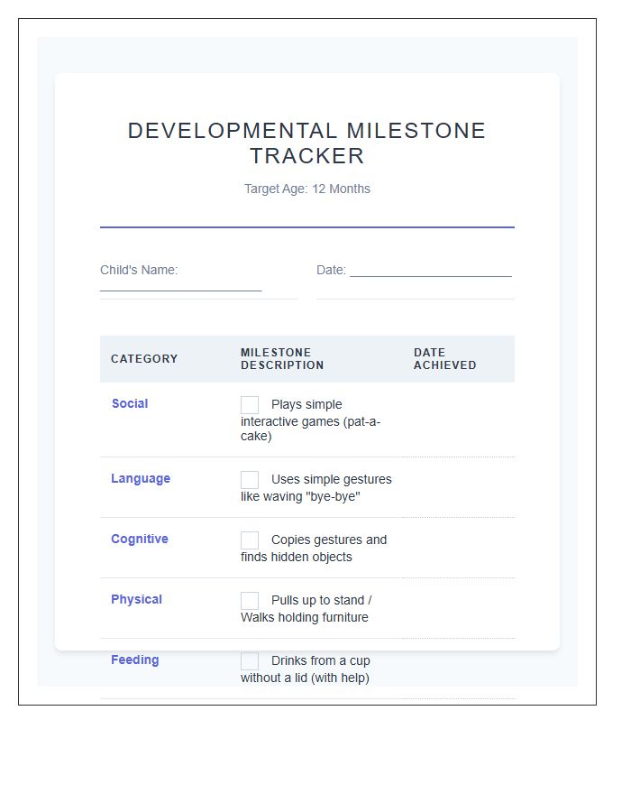 Standard Child Milestone Printable Chart