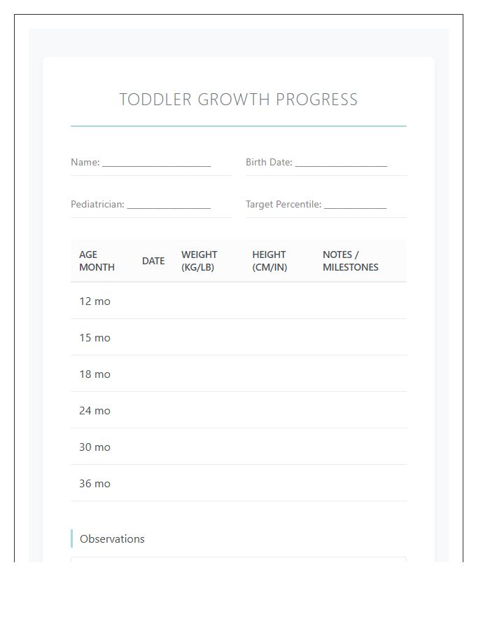 Toddler Growth Progress Printable Chart