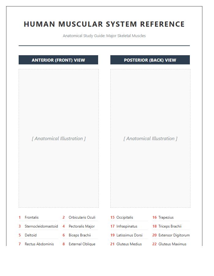 Detailed Printable Anterior And Posterior Muscular System Chart