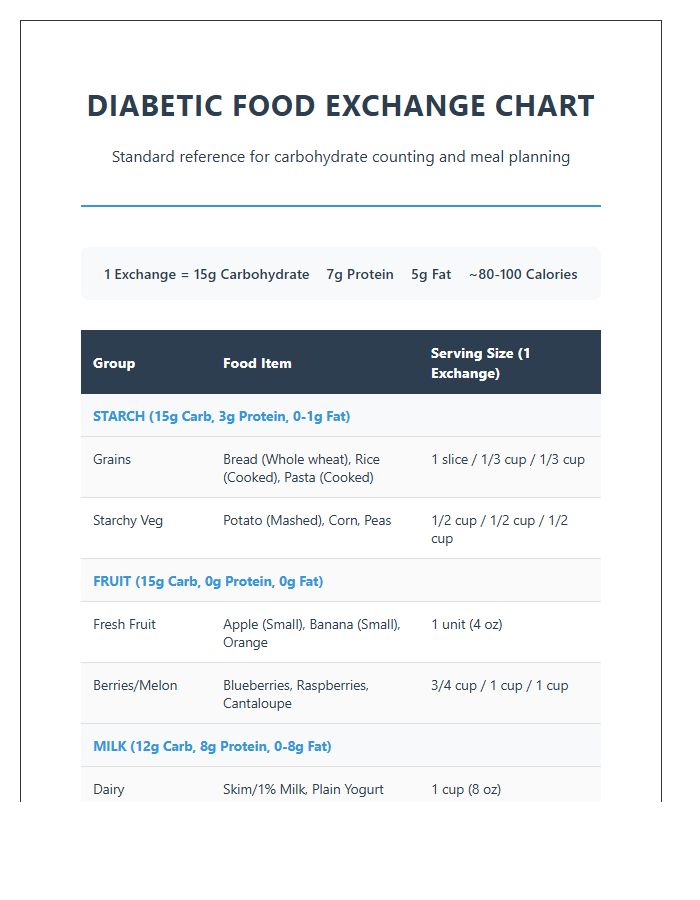 Basic Printable Diabetic Food Exchange Chart
