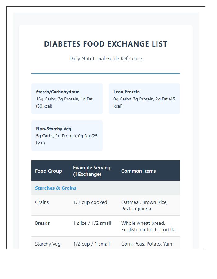 Diabetes Food Exchange List Printable Chart