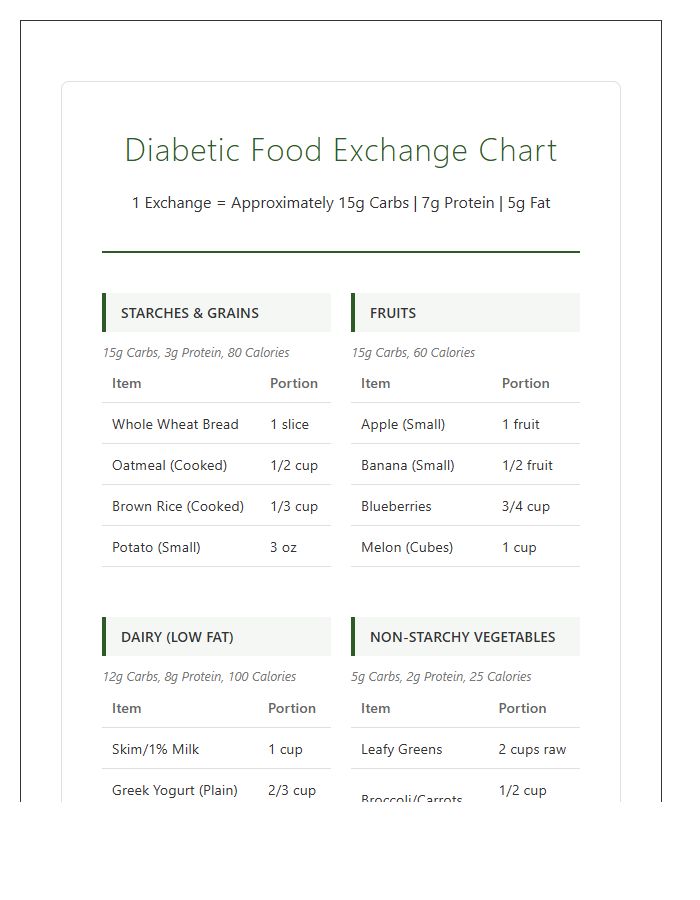 Healthy Printable Diabetic Food Exchange Chart