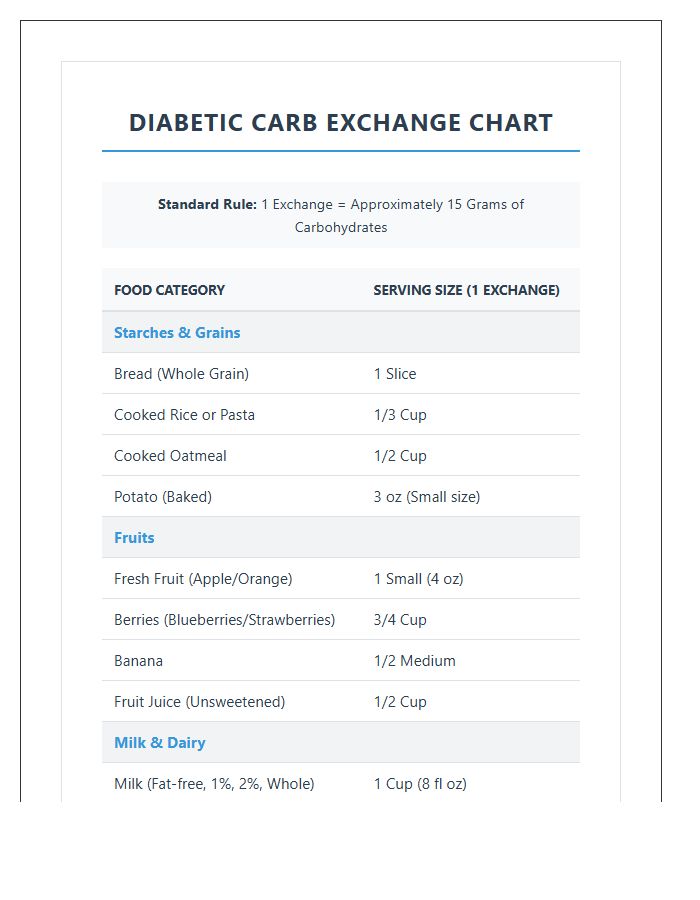 Printable Diabetic Carb Counting Exchange Chart
