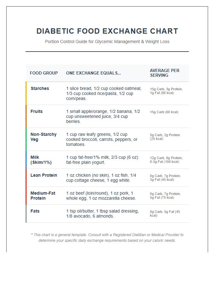 Printable Diabetic Food Exchange Chart For Weight Loss