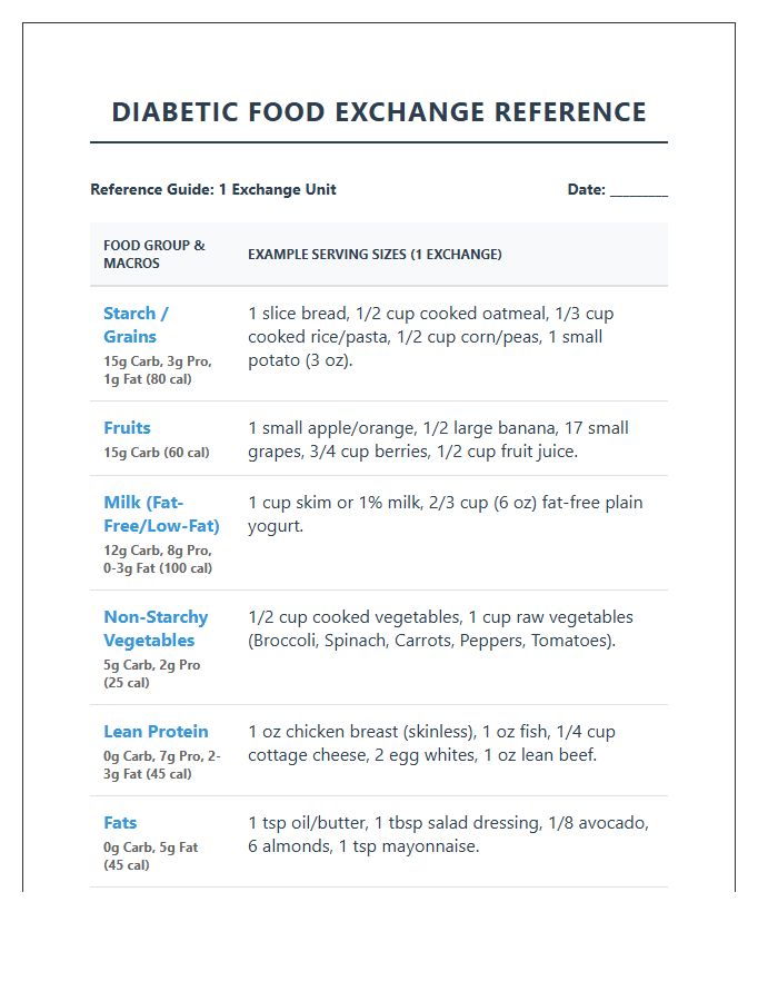 Printable Diabetic Food Exchange Reference Chart
