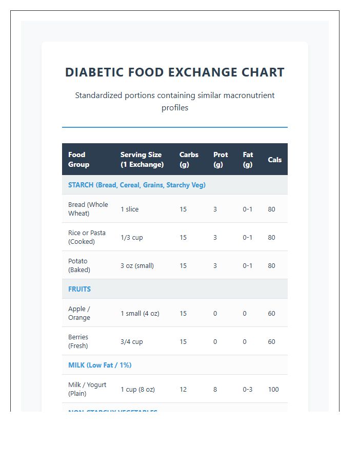 Printable Diabetic Nutrition Food Exchange Chart