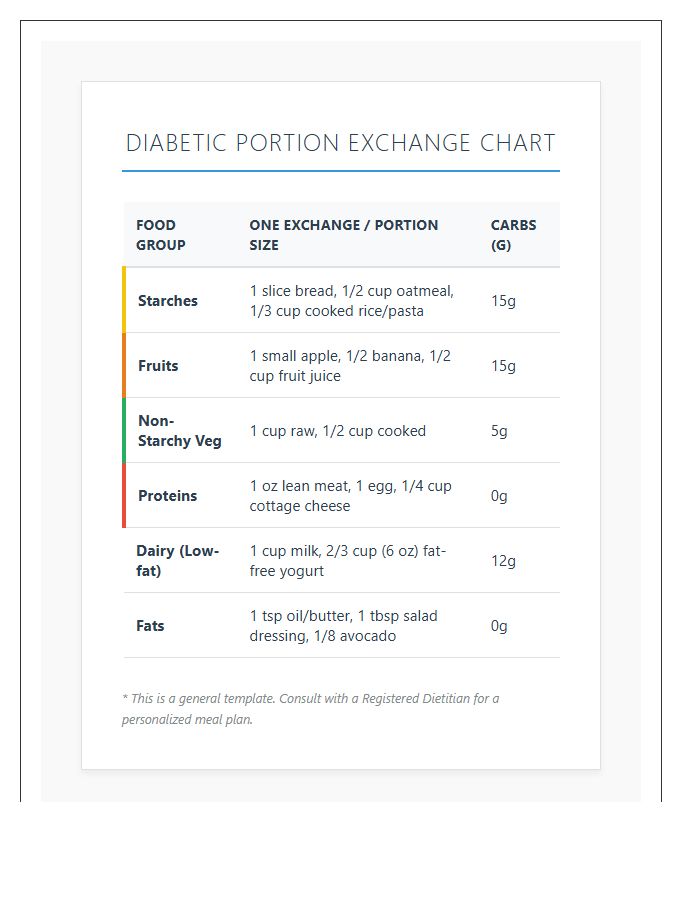 Printable Diabetic Portion Size Exchange Chart