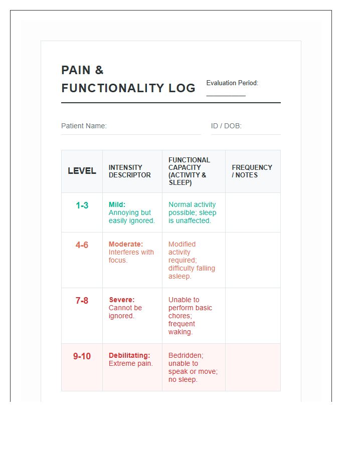 Functional Chronic Pain Intensity Evaluation Printable Chart