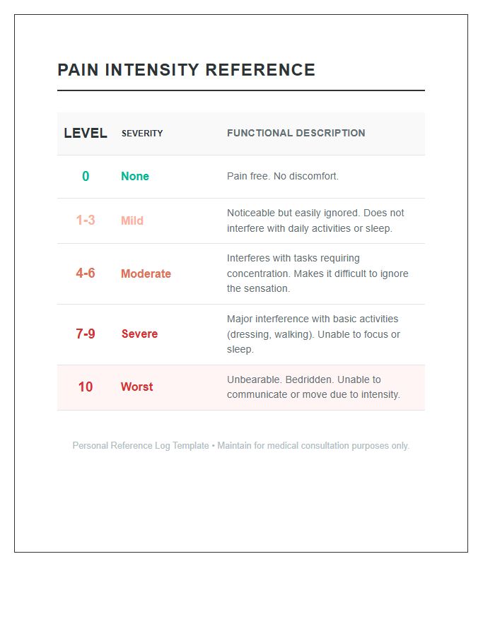 Simple Chronic Pain Intensity Reference Printable Chart
