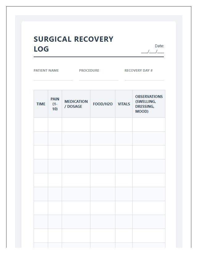 Printable Detailed Surgical Recovery Log Chart
