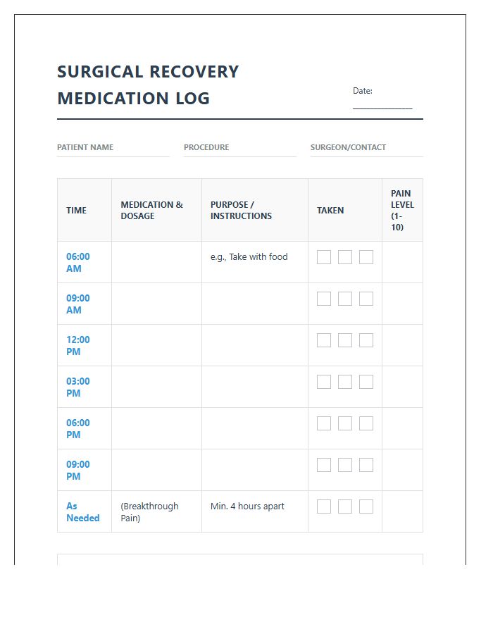 Printable Medication Schedule Surgical Recovery Chart