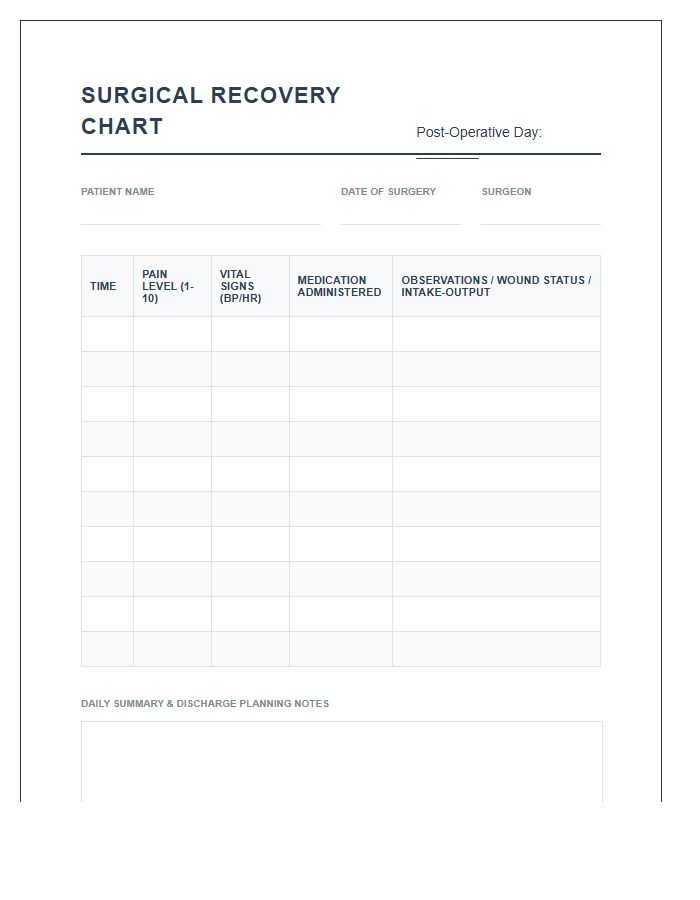 Printable Professional Surgical Patient Recovery Chart