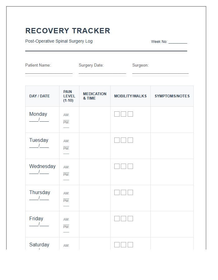 Printable Spinal Surgery Patient Recovery Chart