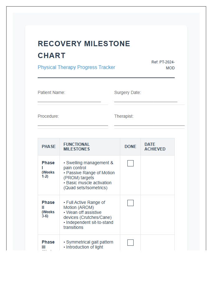 Printable Surgical Recovery Physical Therapy Milestone Chart