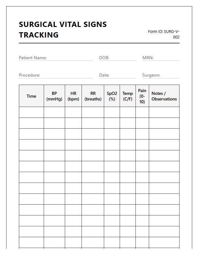 Printable Surgical Vital Signs Tracking Chart