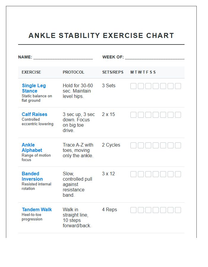 Ankle Stability Printable Exercise Chart