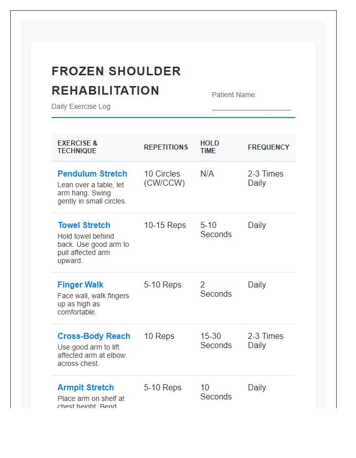 Frozen Shoulder Printable Exercise Chart