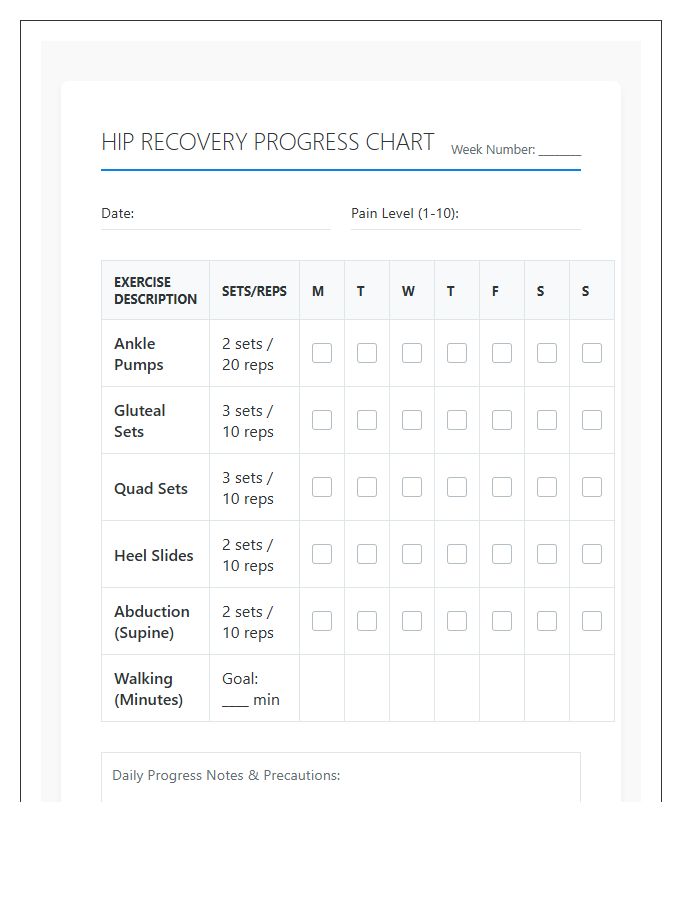 Hip Replacement Recovery Printable Physical Therapy Chart