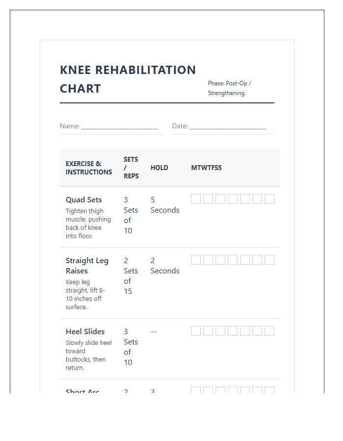 Knee Rehabilitation Printable Exercise Chart