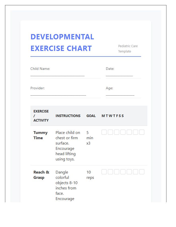 Pediatric Developmental Printable Exercise Chart