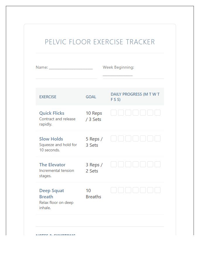 Pelvic Floor Strengthening Printable Exercise Chart