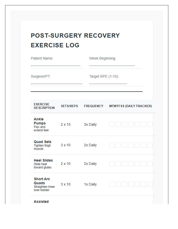 Post Surgery Printable Exercise Chart