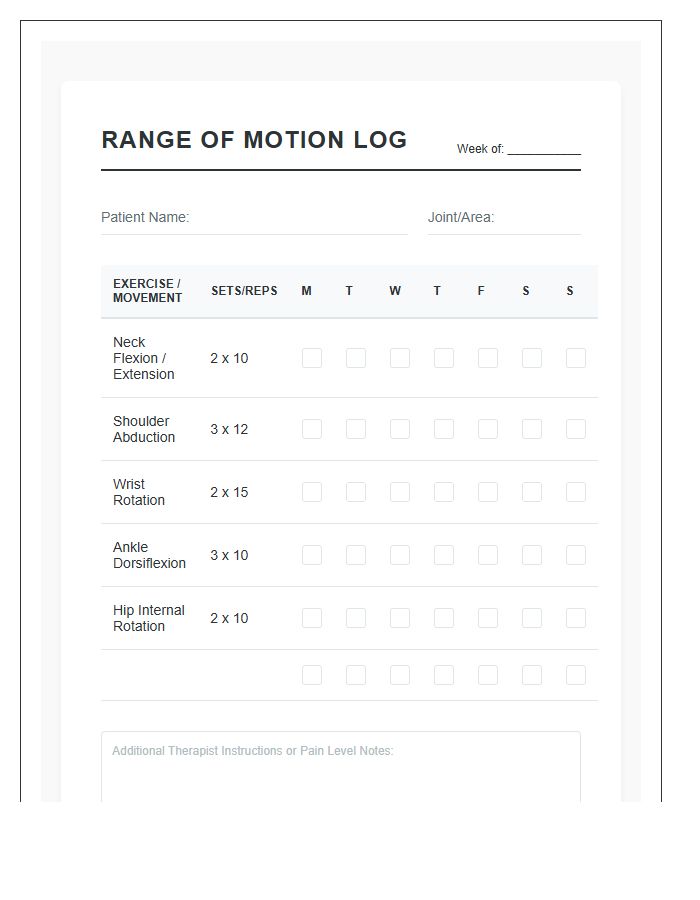 Range Of Motion Printable Exercise Chart