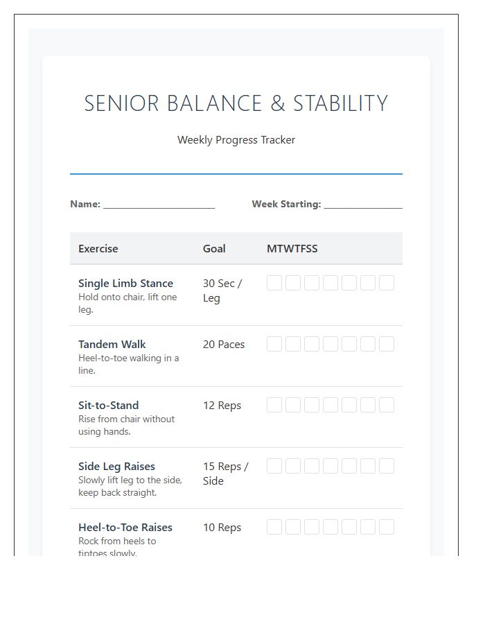 Senior Balance Printable Exercise Chart