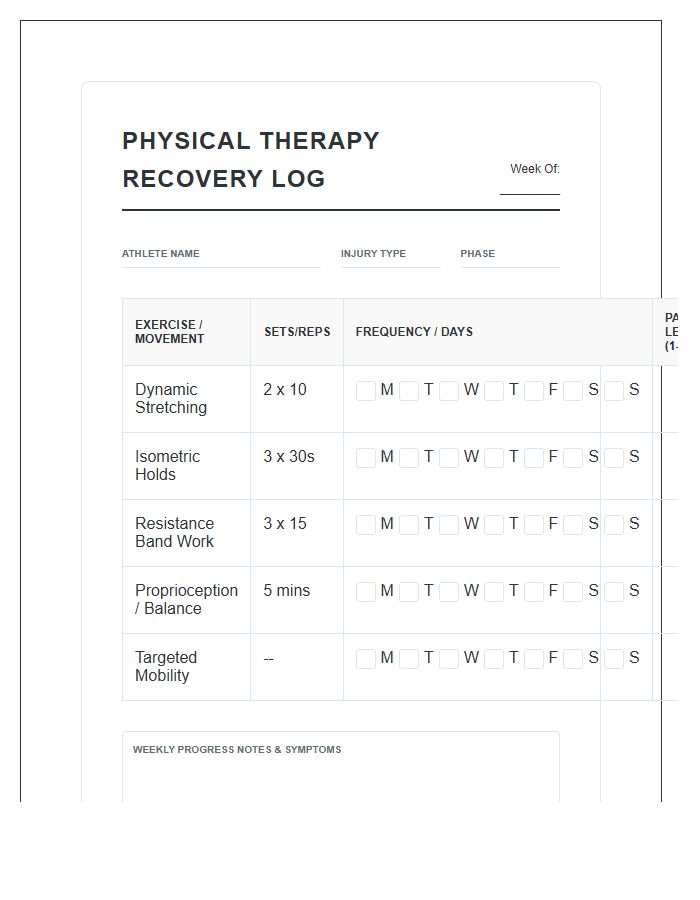 Sports Injury Recovery Printable Physical Therapy Chart
