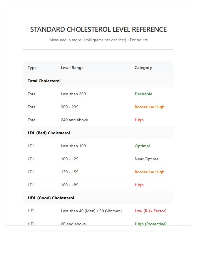 Printable Standard Cholesterol Level Reference Chart