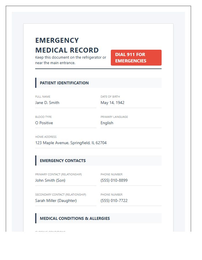 Elderly Care Emergency Medical Information Chart Printable