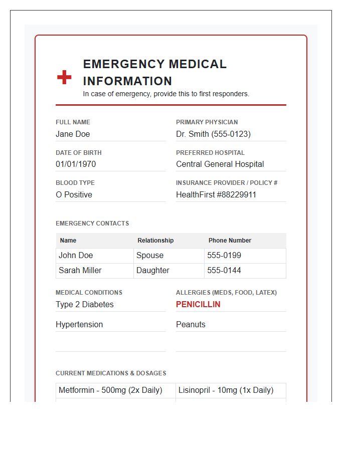 Emergency Medical Information Chart For Refrigerator