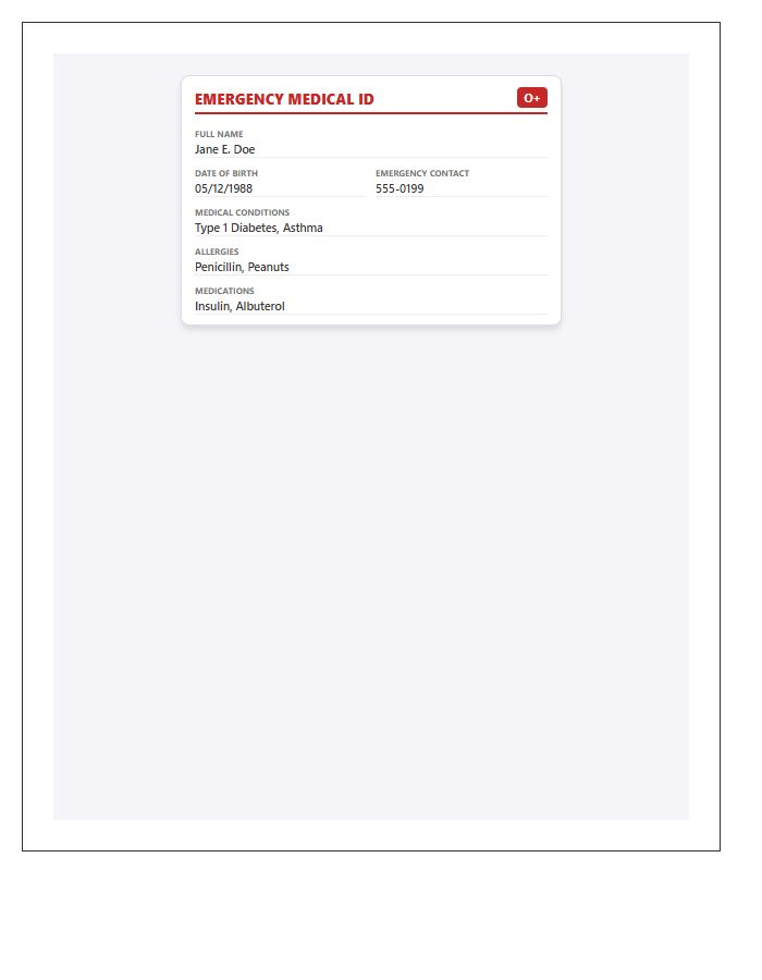 Emergency Medical Information Chart For Wallet
