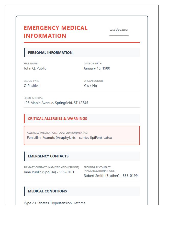 Essential Medical Information Chart For Emergencies Printable